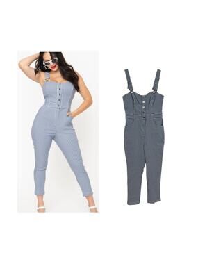 Unique Vintage Blue & White Gingham Button-Front Jumpsuit